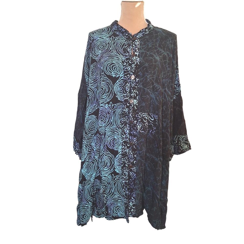 We Be Bop Womens 3X Batik Tunic Shirt Blue Teal Rayon Button Front Pockets Funky